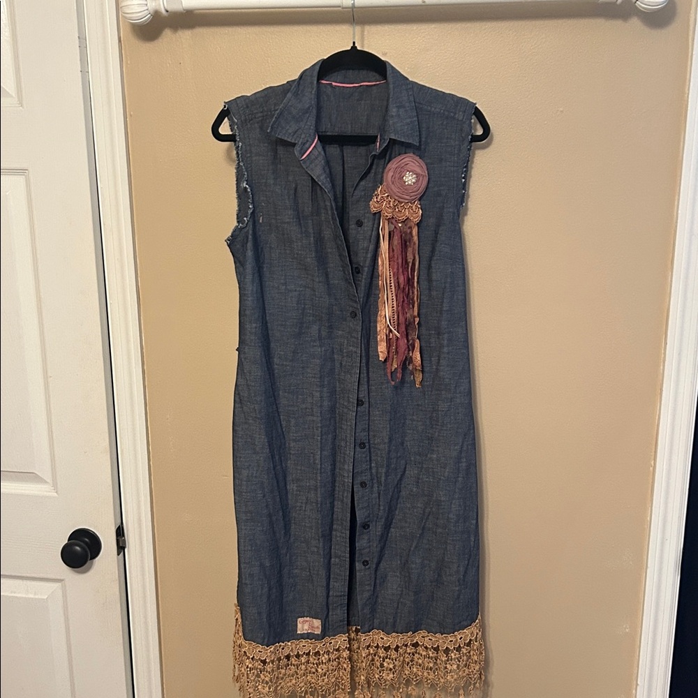 Sleeveless Denim Dress with Lace Hem